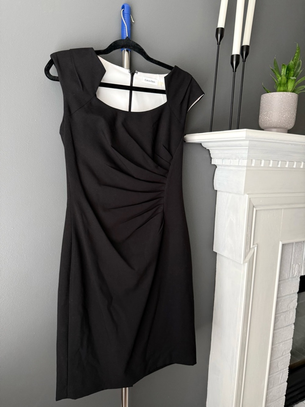 EUC Calvin Klein Black Ruched Cap-Sleeve Sheath Dress with Square Neck